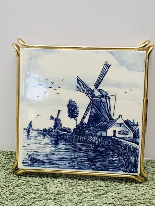 Delft Blue Holland Windmill Blue & White Tile Trivet Metal Legs 4 1/4 "