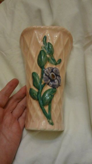 Vintage Shawnee Art Pottery Pink Wall Pocket Vase Lattice Diamond Flowers