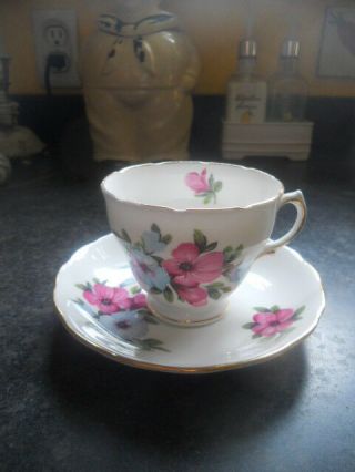 Royal Vale Bone China Tea Cup & Saucer - Made In England - Pink & Blue Flowers