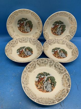 Vintage Set Of 5 Stetson China 22k Gold Bowls - Colonial Couple Dish Set