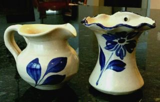 Williamsburg Pottery Salt Glaze Cobalt Blue Leaf Creamer & Hanging Flower Vase