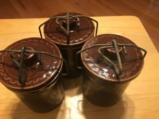 Set Of 3 Vintage 1950s Dark Brown Rustic Stoneware Canning Jars
