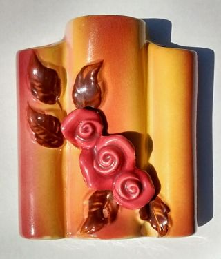 Vintage 1940s Ceramic Floral Red/gold Wall Pocket - - 3 Flutes Roses 5 1/4 "