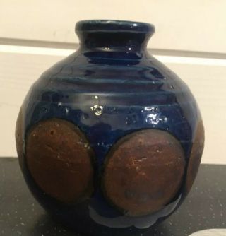 Vintage Art Pottery | Small Vase Jar | Stoneware | Blue With Brown Circles