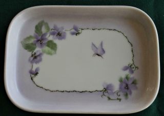 Vintage Hand Painted Violets Butterfly Trinket Soap Pin Dish Ceramic 5 5/8 " X 4 "