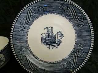 4 Royal Currier And Ives Blue & White Steam Boat Saucers