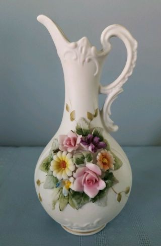 Vintage Bisque Lefton Pitcher With Raised Hand Painted Flowers Kw4540