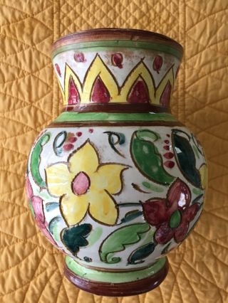 Vintage Italian Incised /etched Hand Painted Italy Ceramic pottery Vase Numbered 2