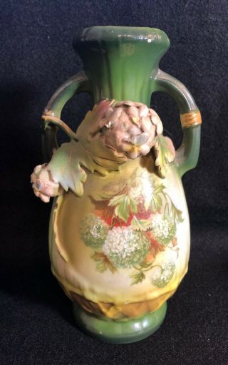 Antique Austria Hand Painted Dimensional Vase W.  Applied Leaves And Mums Flowers