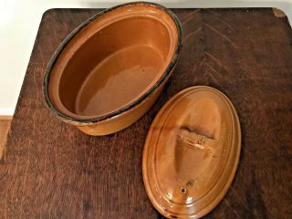 Vintage Brown Glazed Stoneware Bean Pot with Lid 11” x 7” x 4” 2