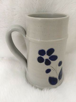 Williamsburg Va Pottery Stoneware Mug Cup Grey W/ Cobalt Blue Leaf Design Handle