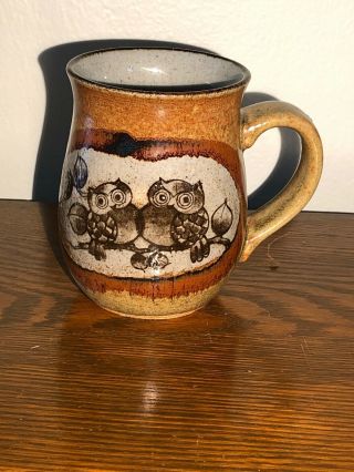 Adorable Vintage Hand Thrown Pottery Coffee Mug Cup W/ Owl Family Brown Cute