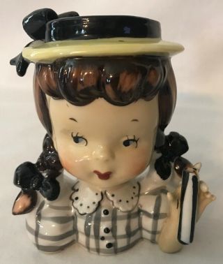 Vintage Napco Brunette Girl With Pigtails Head Vase Black And White Very Good