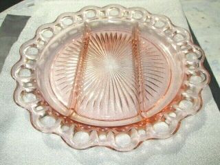 Old Colony Lace Hocking Pink Depression Glass 3 Part Relish Raw Veggie Plate