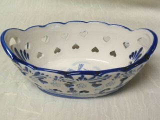 Hand Painted Delft Trinket Dish / Bowl With Cut - Out Hearts And Handles