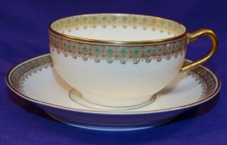 Antique Theodore Haviland Limoges Cup & Saucer Schleiger 621a Green/gold Diamond