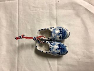 Delft Holland Miniature 3” Shoes Clogs Blue White Ceramic Set 2 Windmill Blauw