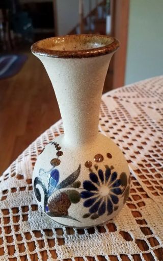 Small Tan,  Brown And Blue Stoneware Pottery Vase With Flower Design Marked