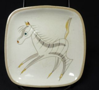 Vintage Small Square Ceramic Pottery Dish With Hand Painted Horse - Artist Signed