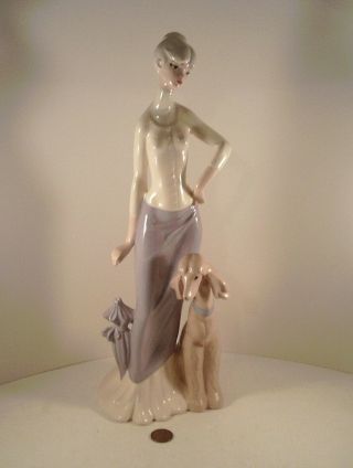 - Vintage (unmarked) Porcelain " Lady W/ Dog Lladro - Like Figurine "
