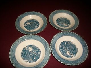 4 Royal Currier And Ives Blue Rim Soup Bowls 8 & 1/2 " Early Winter