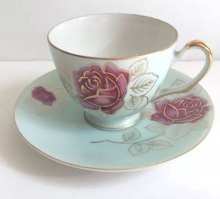 Rare Vintage Light Blue Pink Rose Gold Trimmed China Tea Cup And Saucer