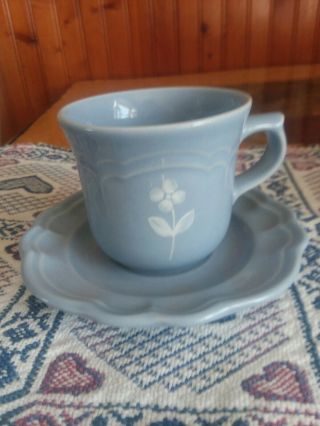 Vintage Pfaltzgraff Teacup And Saucer Light Blue With White Rose Flower