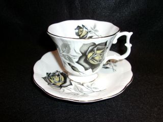 Vintage Royal Albert Bone China England Black & Yellow Roses Tea Cup & Saucer