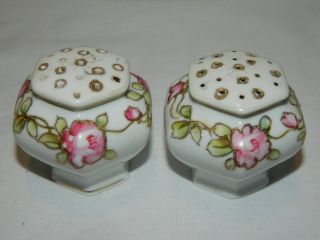 Vintage Hand Painted Nippon Pink Rose With Gold Gilt Salt & Pepper Shakers