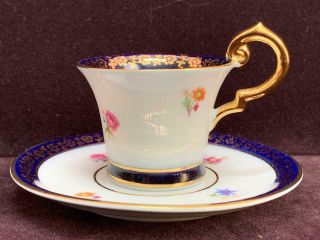 Vintage Saxe Demitasse Cup & Saucer Set Navy With Gold - Tone Floral Trim Euc