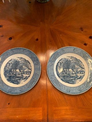 2 Vintage Currier And Ives Dinner Plate Old Grist Mill With Small Flaws
