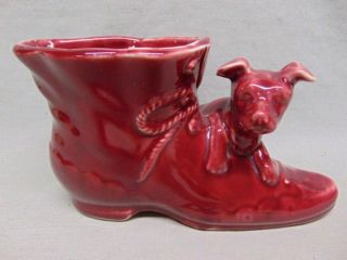 Vintage Shawnee Pottery Maroon Dog On Boot / Shoe Planter