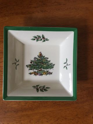 Spode England Christmas Tree Square Bowl/ Candy Dish.  Green Trim.  Pre Owned.