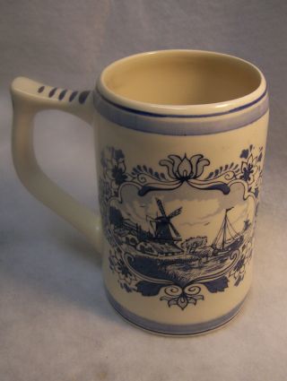 Hand - Painted Holland Stein,  Delft Blue & White,  Beer Mug Sailboat/windmill