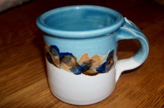 Hand Thrown Pottery Coffee Cup Mug Blue/ White Signed By Artist 3.  5 " Tall