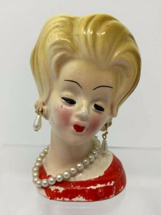 Vintage Japan Ceramic Red Dress Lady Head Vase Closed Eye Pearls Necklace