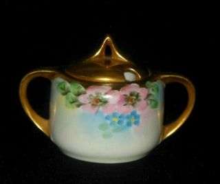 Hand Painted Gold Handles Jam Jar Wild Pink Roses Blue Forget Me Knots 1920