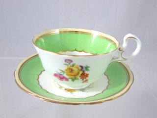 Vintage AYNSLEY Bone China GREEN GOLD FLORAL Cup & Saucer 2