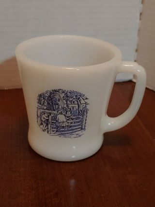 Vintage Currier And Ives Blue And White The Old Farm Gate Milk Glass Mug