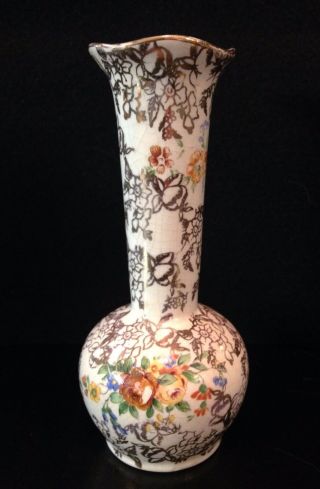Floral Sprys On Gold Chintz Vase By Lord Nelson Made In England 5 - 1/4 "