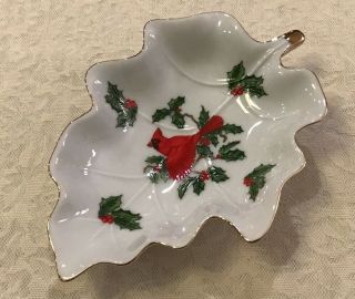 Vintage Lefton China Hand Painted Leaf Candy Nut Dish Red Cardinal 2450 6”x4”