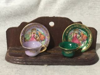 Vintage Doll - Sized China Cups & Sauces,  French/english Motif,  Made In Japan