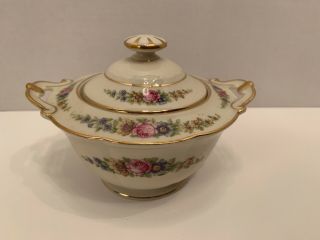 Vintage Sugar Bowl With Lid Germany Gold Trim Blue,  Pink Yellow Flowers