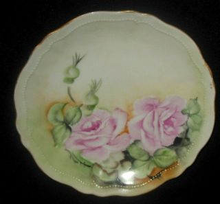 O & E G Royal Austria Hand Painted Pink Roses Beaded Rim Plate 1898