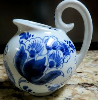 Vintage Delfts R.  A.  Made In Holland Handpainted Blue Tulips Mini Ball Pitcher