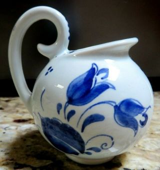 VINTAGE DELFTS R.  A.  MADE IN HOLLAND HANDPAINTED BLUE TULIPS MINI BALL PITCHER 4