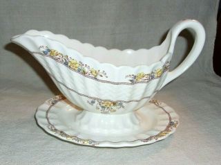Vintage Copeland Spode England " Buttercup " Gravy Boat W/ Attached Under Plate