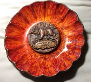 Vintage Treasure Craft Mid - Mod Orange Drip Glaze Souvenir Of Rocky Mt Ashtray