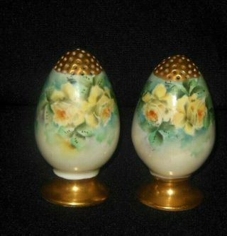 Antique Hand Painted Egg Shaped Salt Pepper Shakers Yellow Roses Gold Top