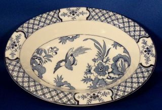 Wood & Sons England Blue & White Pottery Oval Bowl Bird Design -